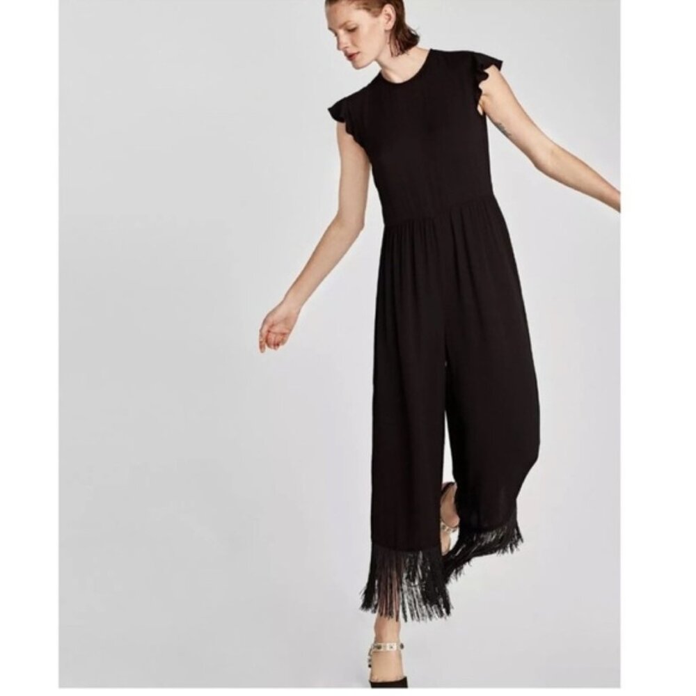Zara Black Wide Leg Fringe Jumpsuit Size Medium Southwestern